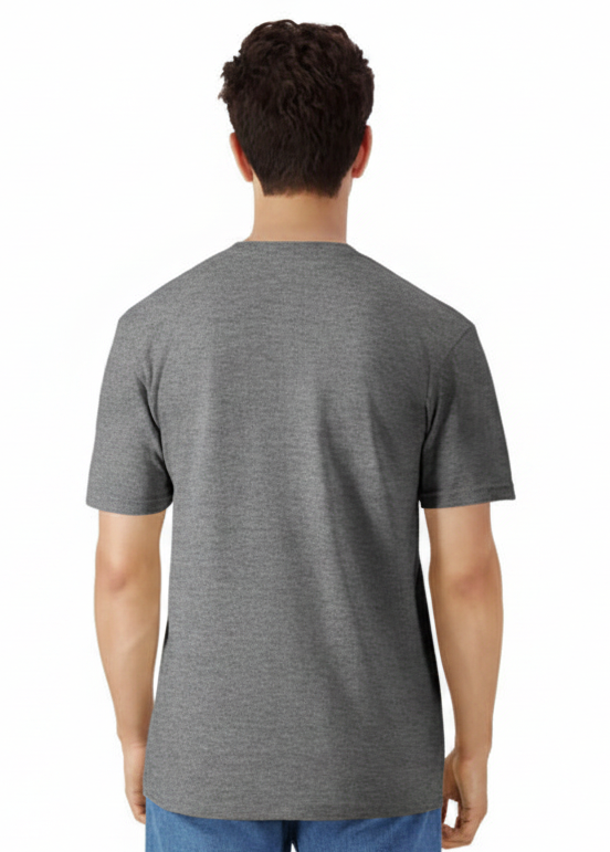 Model wearing the Light Cotton Adult T-Shirt in Graphite Heather, palette matched