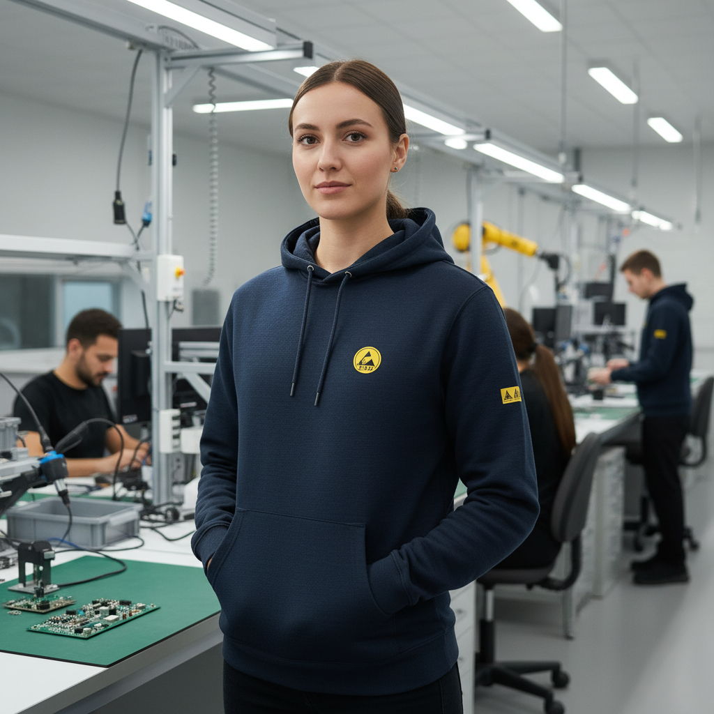 Woman wearing navy blue ESD fleece lined hoodie in electronics factory with background workers in same garment
