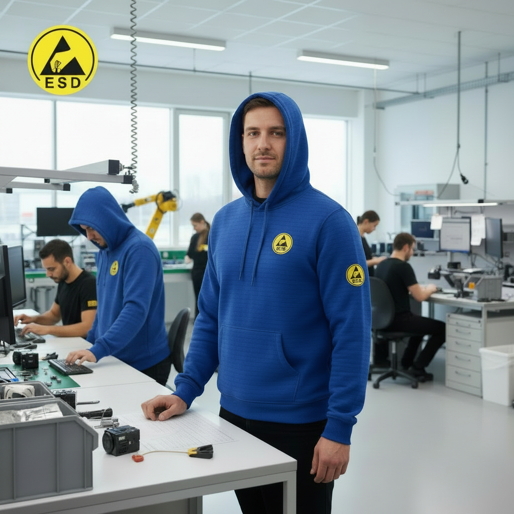 Man wearing royal blue ESD fleece lined hoodie with hood up in electronics factory