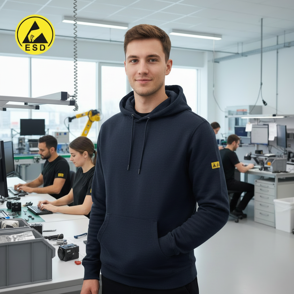 Person wearing navy blue ESD fleece lined hoodie in electronics factory environment