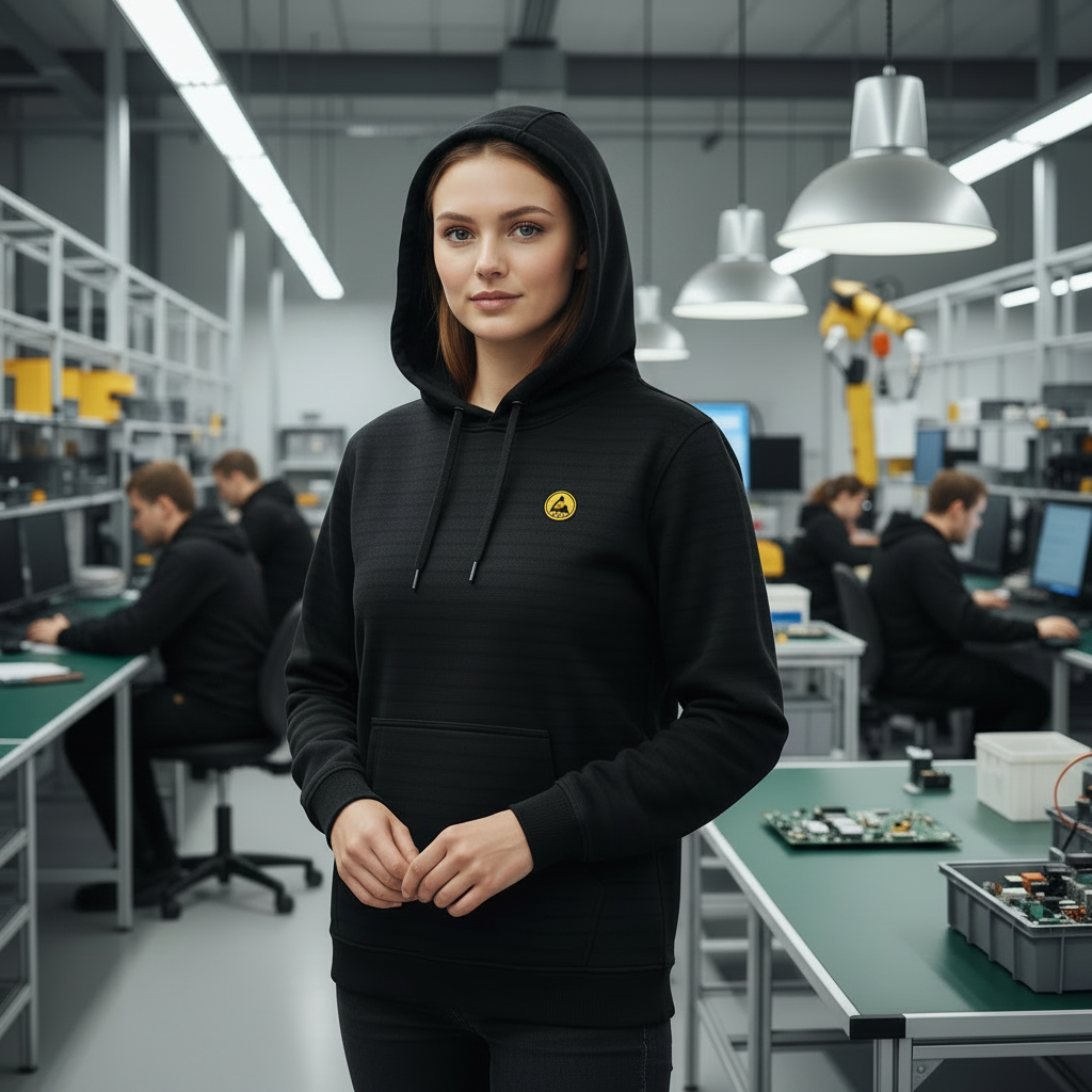 Woman wearing black ESD fleece lined hoodie with hood up in electronics factory