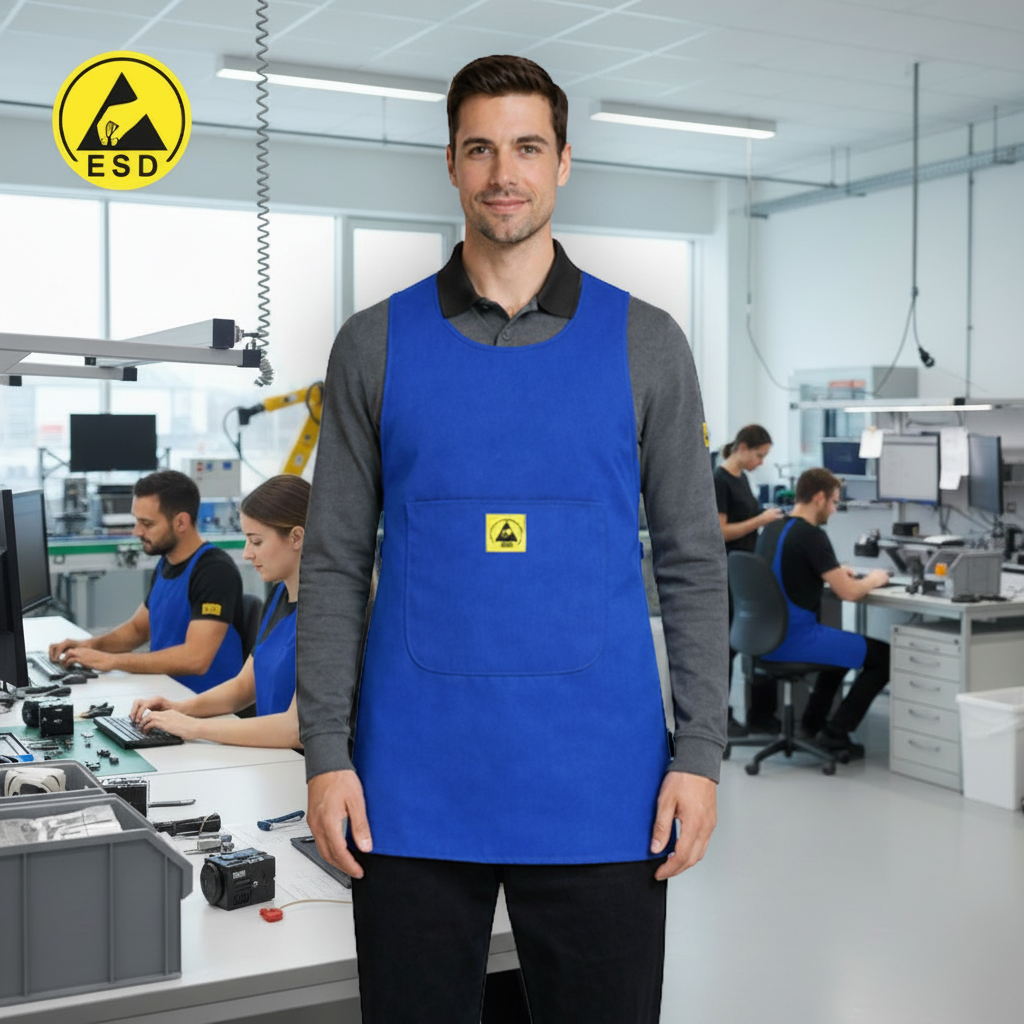 Man wearing royal blue ESD tabard in electronics factory with background workers in same garment