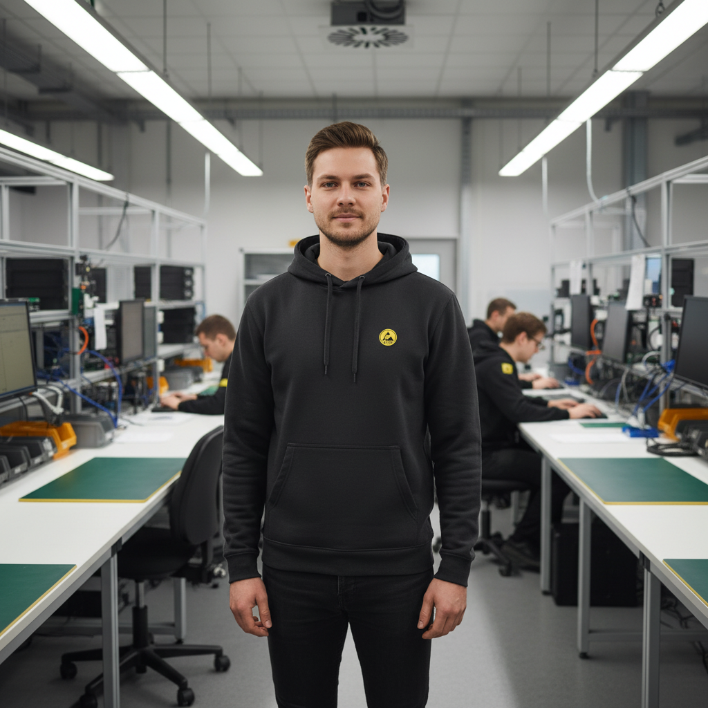 Man wearing dark grey ESD fleece lined hoodie in electronics factory with background workers in same garment