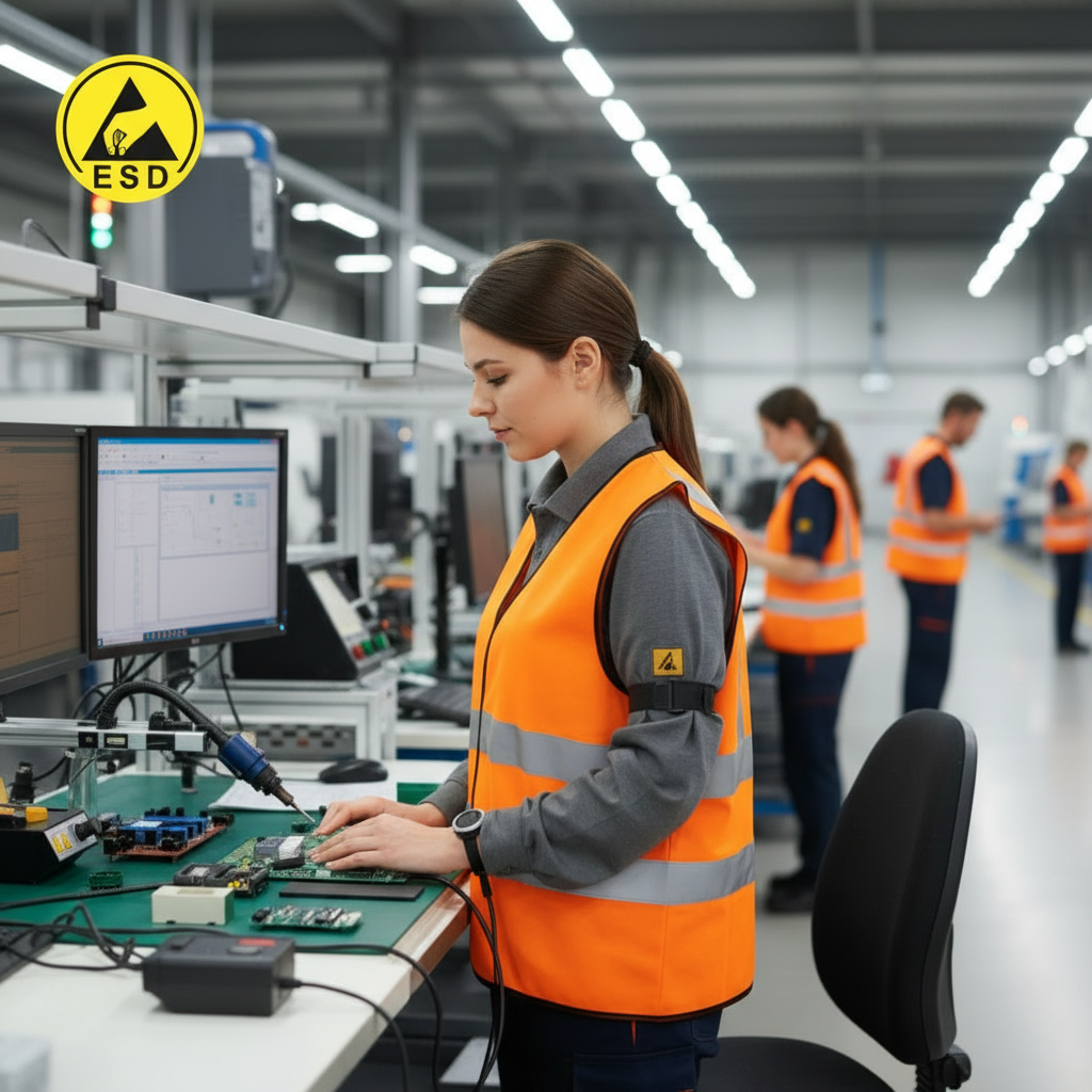 Woman wearing orange ESD hi-vis vest working in electronics factory with colleagues in same vest
