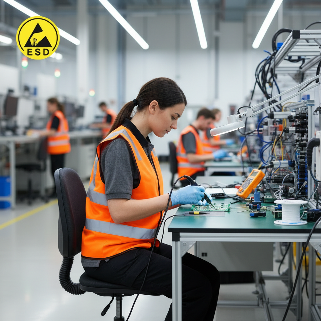 Woman wearing orange heavy duty ESD hi-vis vest working in electronics factory with colleagues in same vest