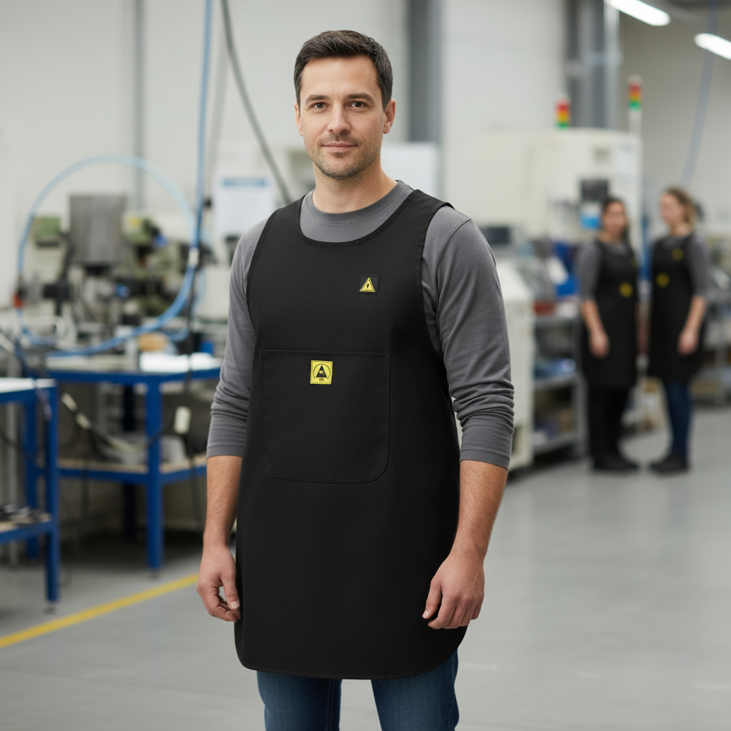 Man wearing black ESD tabard full length in electronics factory