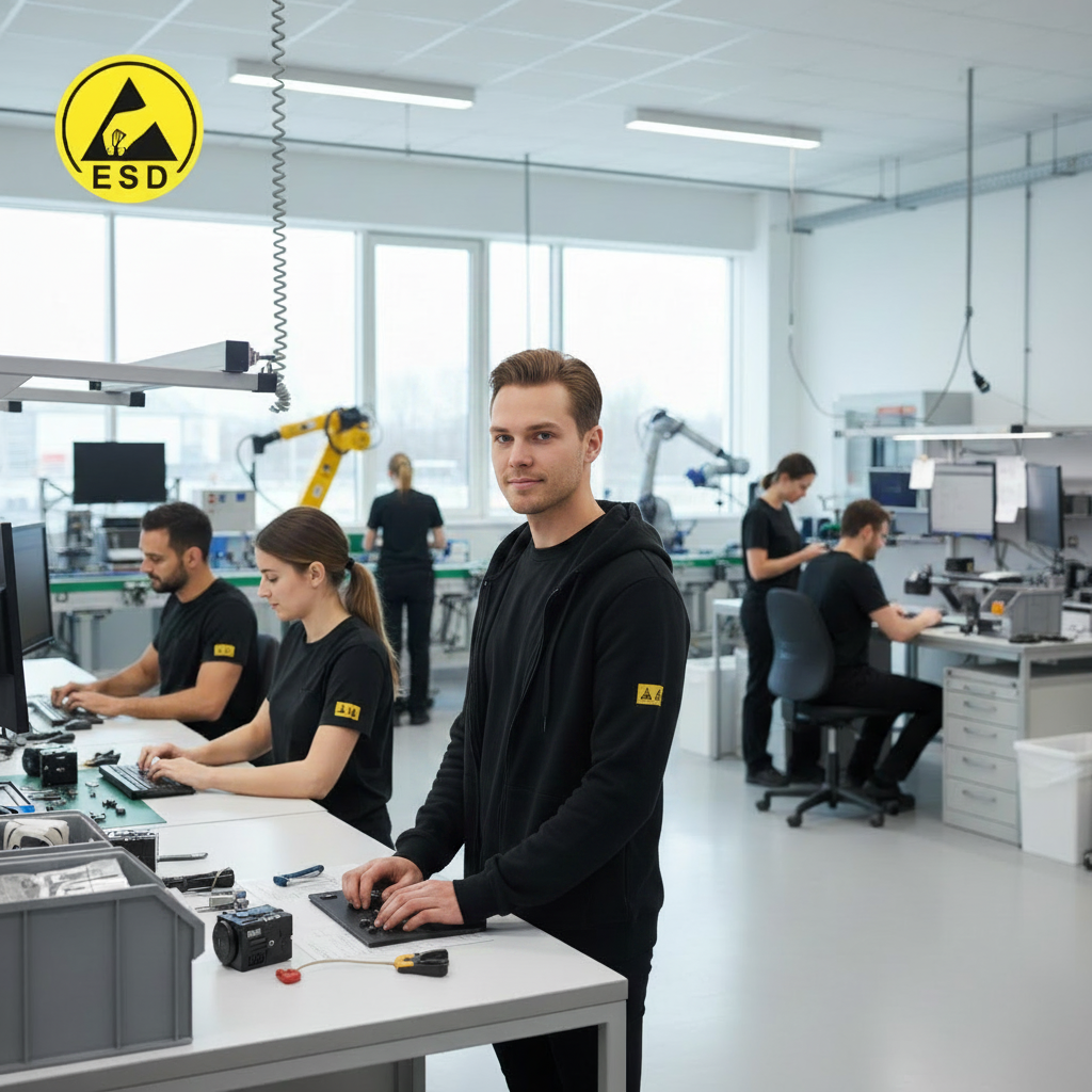 Person wearing black ESD fleece lined hoodie in electronics factory environment