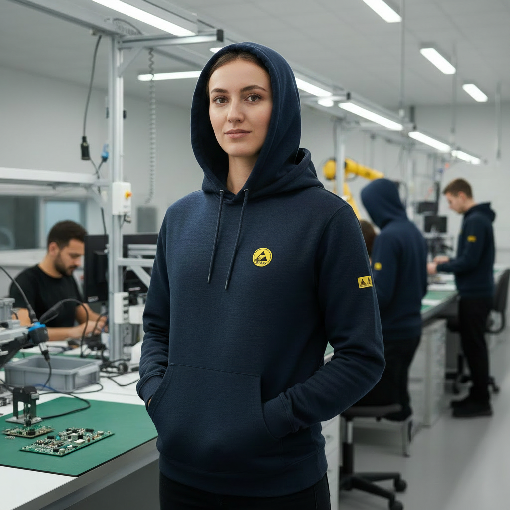 Woman wearing navy blue ESD fleece lined hoodie with hood up in electronics factory