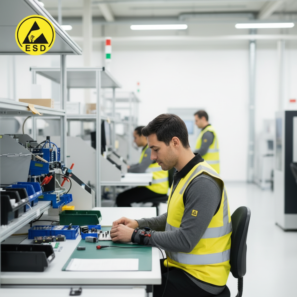 Man wearing yellow heavy duty ESD hi-vis vest working in electronics factory with colleagues in same vest