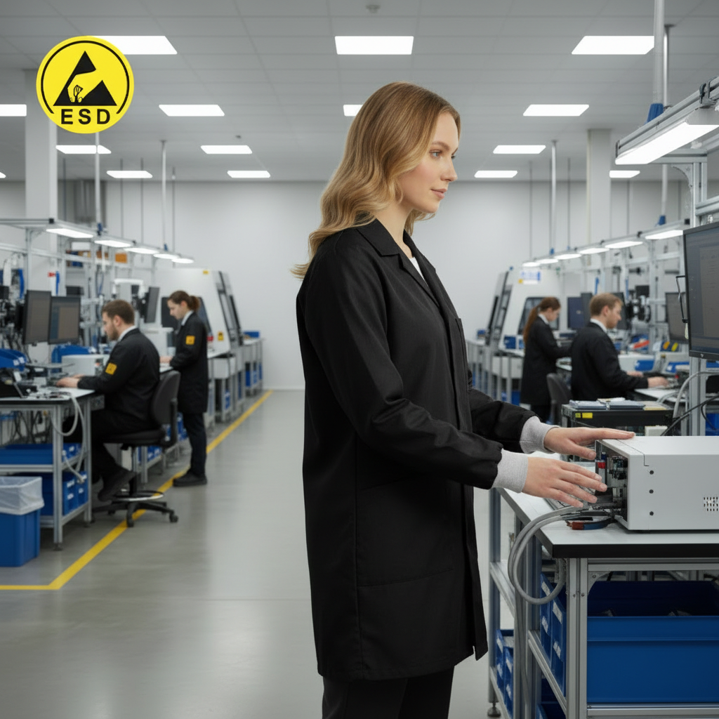 Integrated Three-Quarter Angle Factory Scene - Black ESD Lab Coat with Cuff