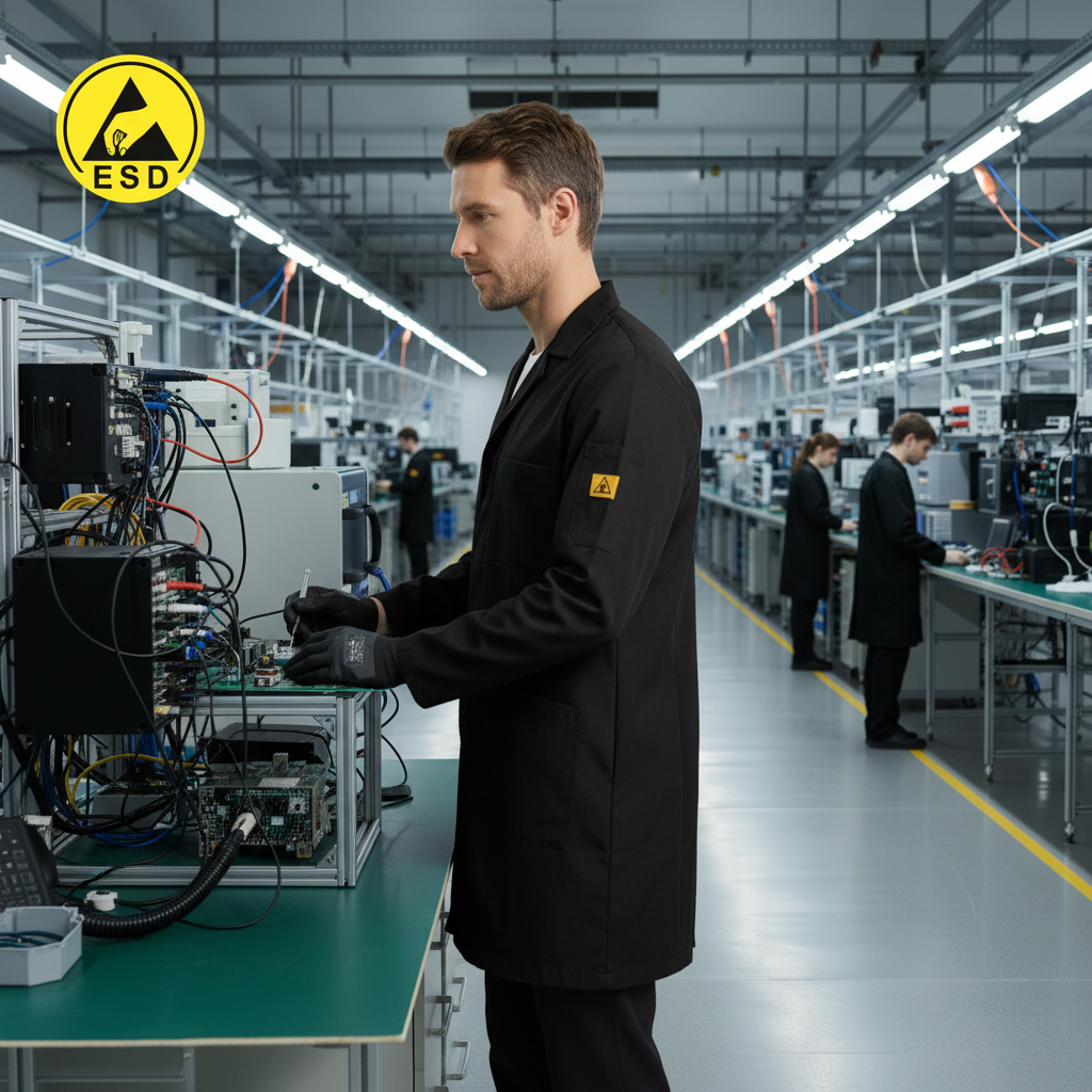 Integrated Three-Quarter Angle Factory Scene - Black ESD Lab Coat