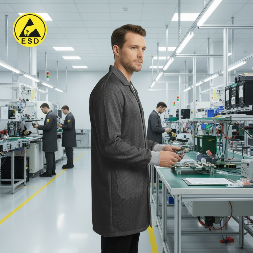 Integrated Three-Quarter Angle Factory Scene - Dark Grey ESD Lab Coat with Cuff