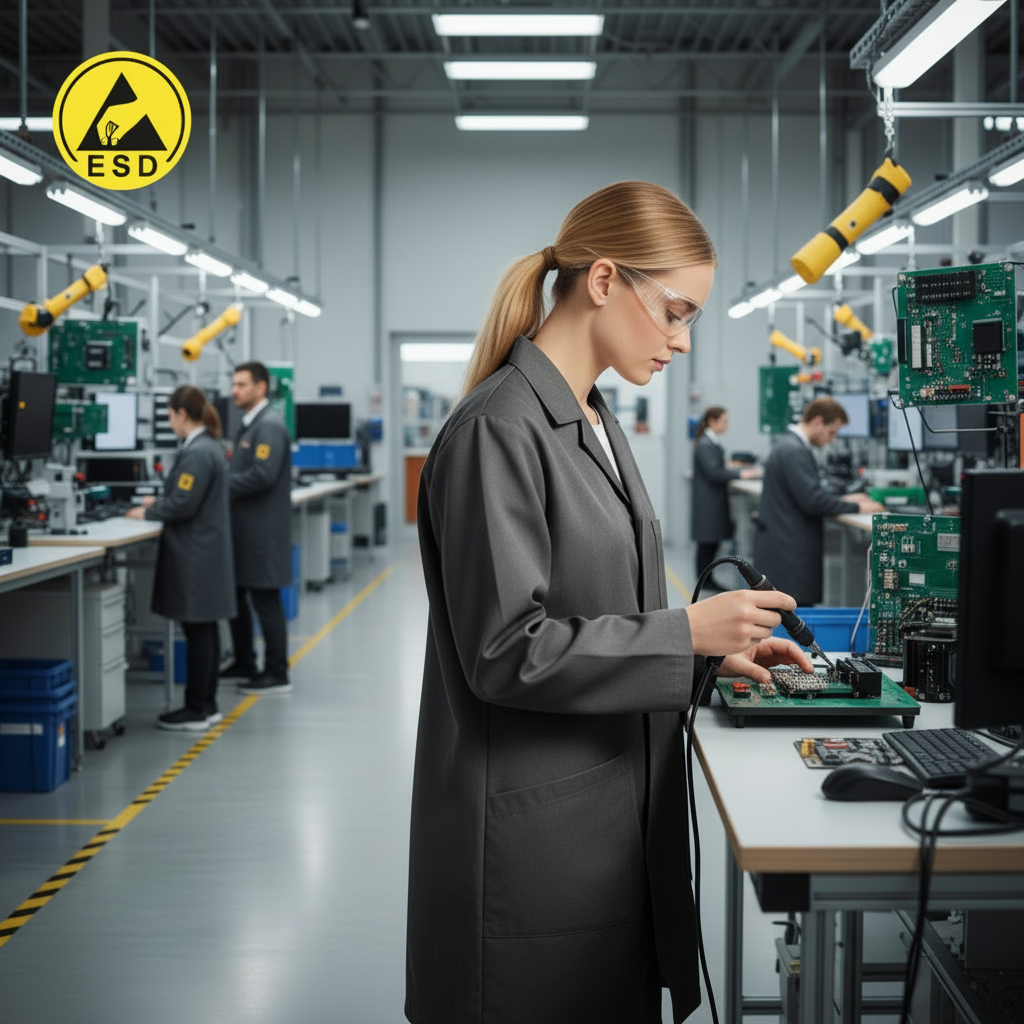 Integrated Three-Quarter Angle Factory Scene - Dark Grey ESD Lab Coat