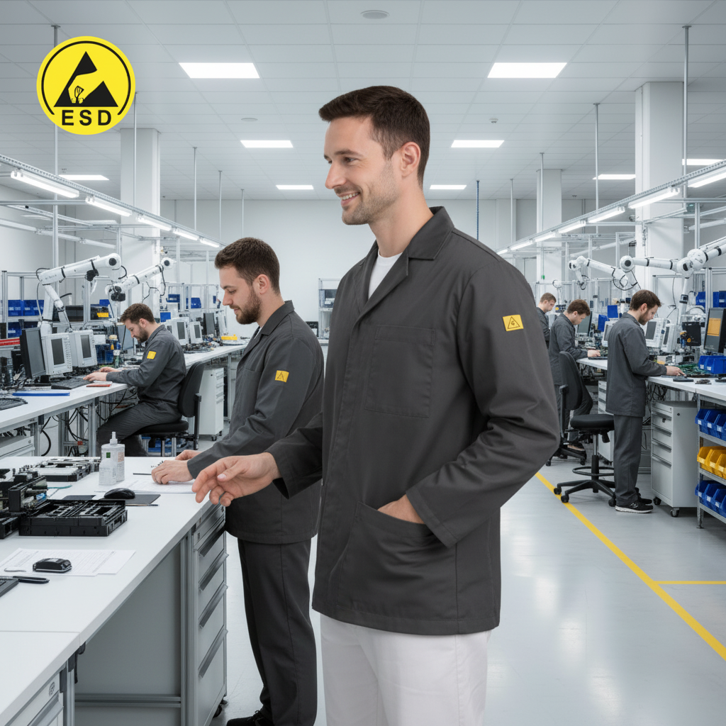 Integrated Three-Quarter Angle Factory Scene - Dark Grey ESD Lab Jacket