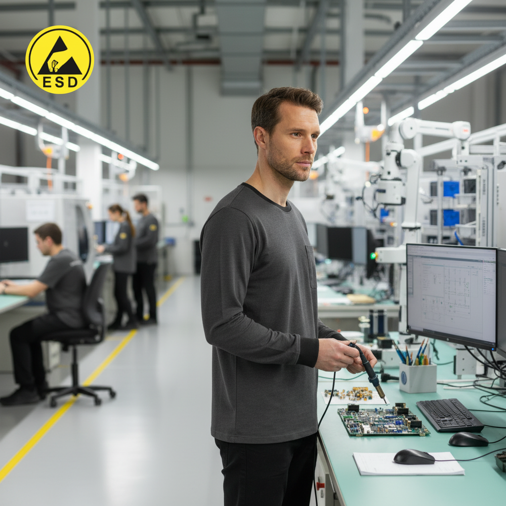 Integrated Three-Quarter Angle Factory Scene - Dark Grey ESD Long Sleeve T-Shirt