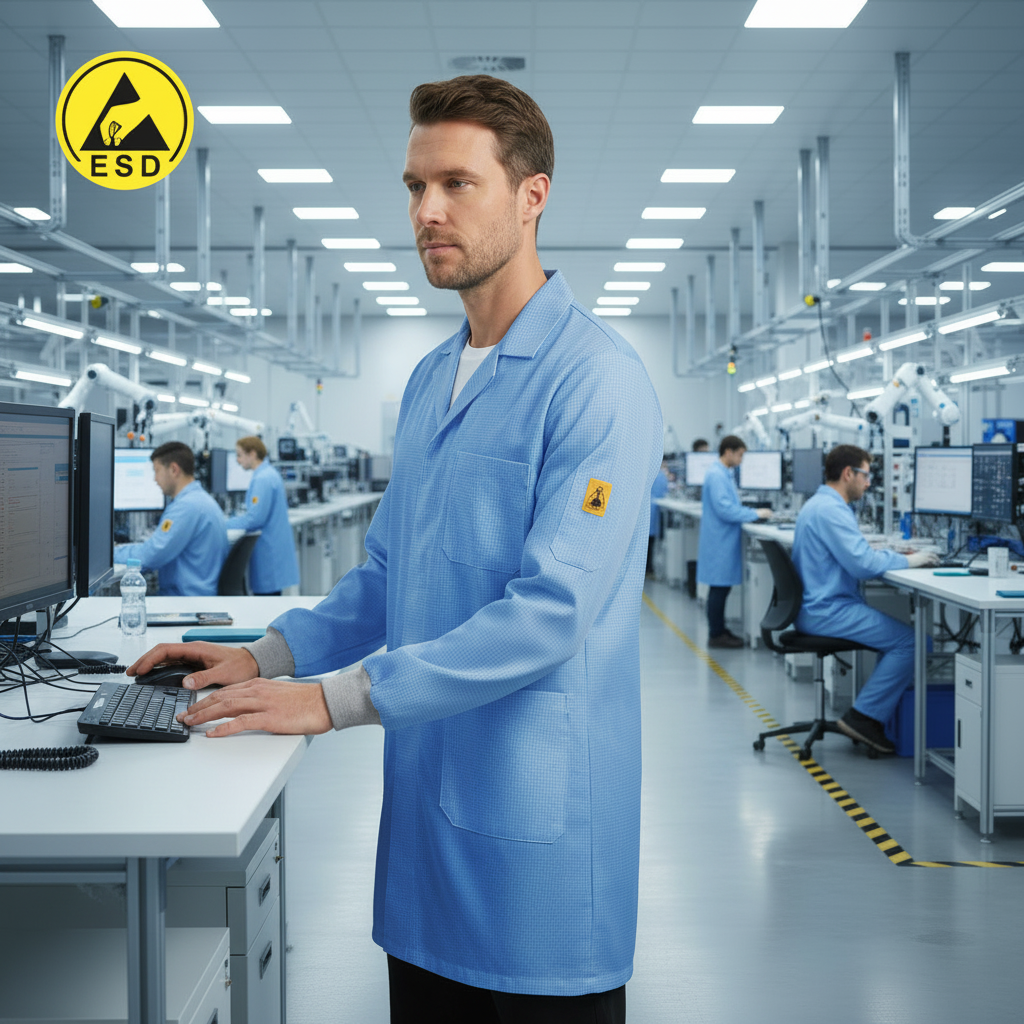 Integrated Three-Quarter Angle Factory Scene - Light Blue ESD Lab Coat with Cuff