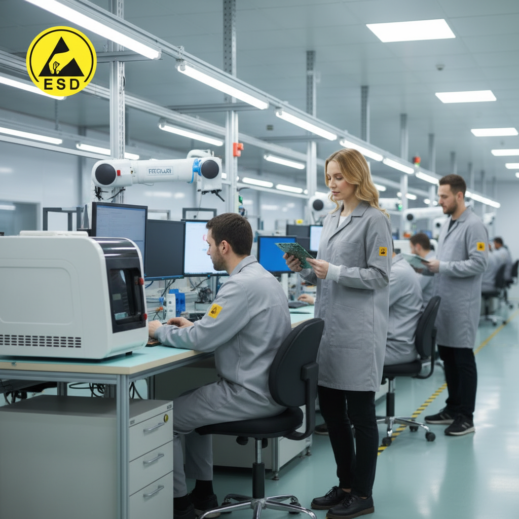 Integrated Three-Quarter Angle Factory Scene - Light Grey ESD Lab Coat with Cuff