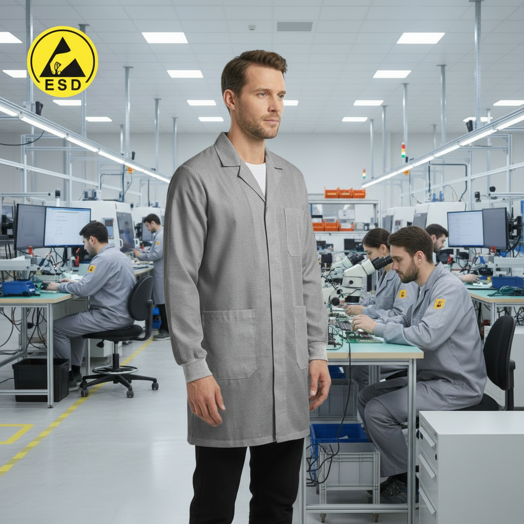 Integrated Three-Quarter Angle Factory Scene - Light Grey ESD Lab Coat with Cuff