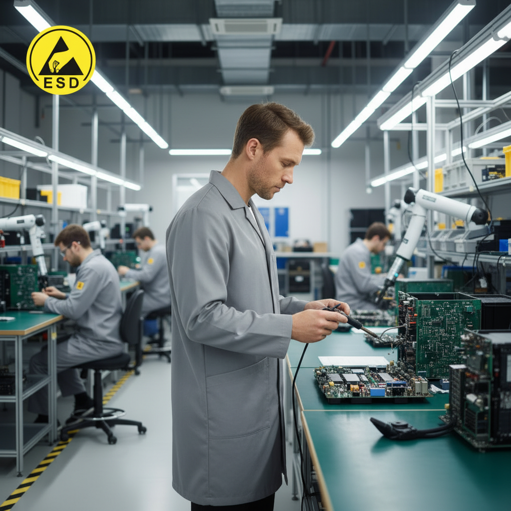 Integrated Three-Quarter Angle Factory Scene - Light Grey ESD Lab Coat