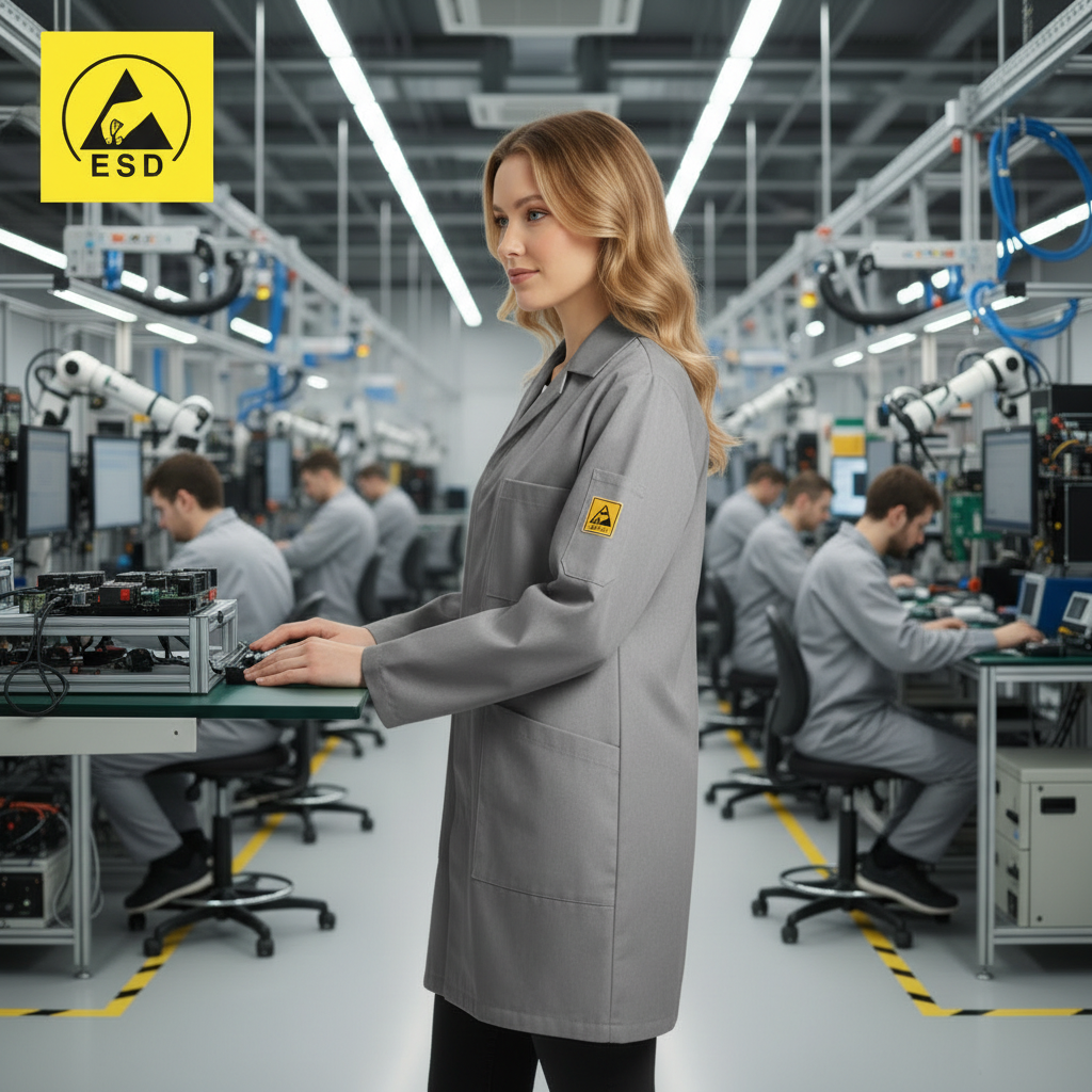 Integrated Three-Quarter Angle Factory Scene - Light Grey ESD Lab Coat