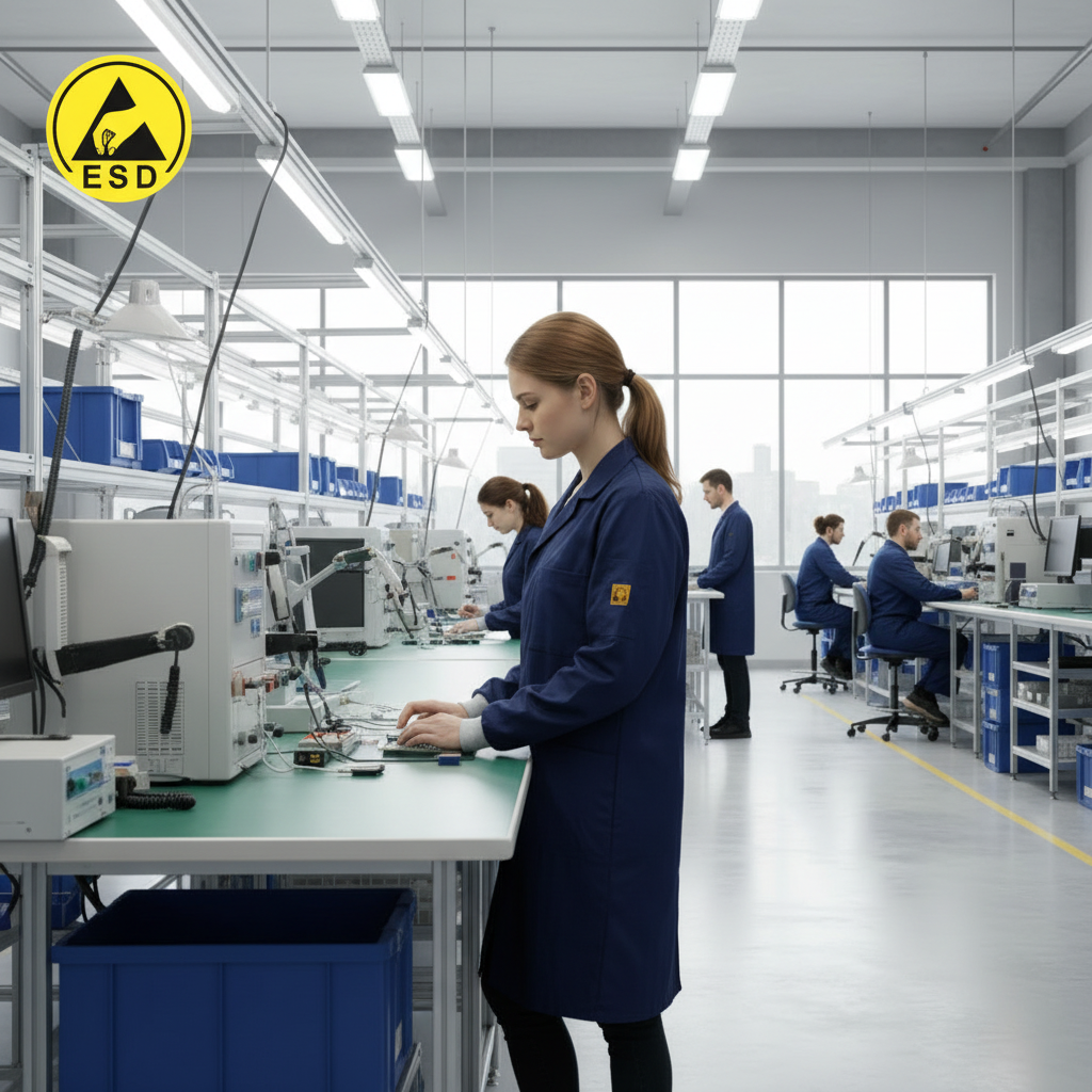 Integrated Three-Quarter Angle Factory Scene - Navy Blue ESD Lab Coat with Cuff