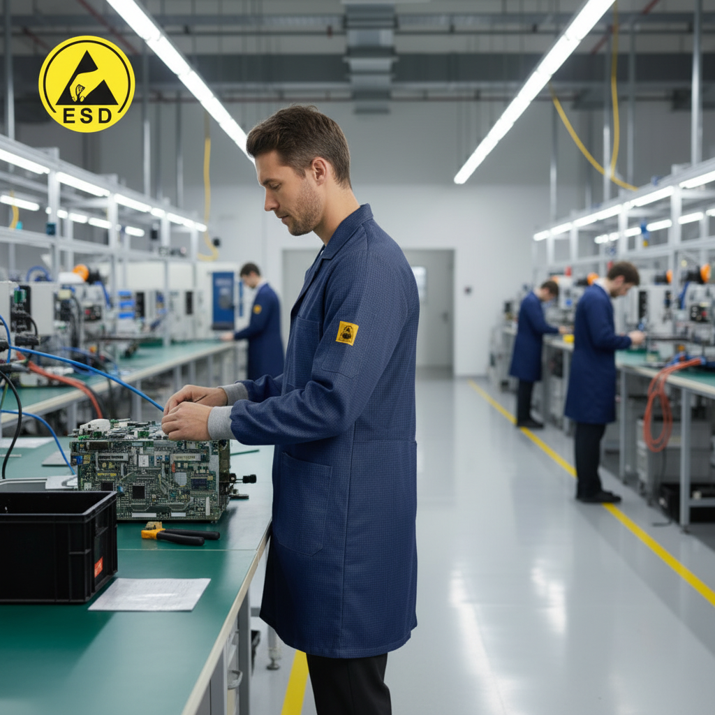 Integrated Three-Quarter Angle Factory Scene - Navy Blue ESD Lab Coat with Cuff