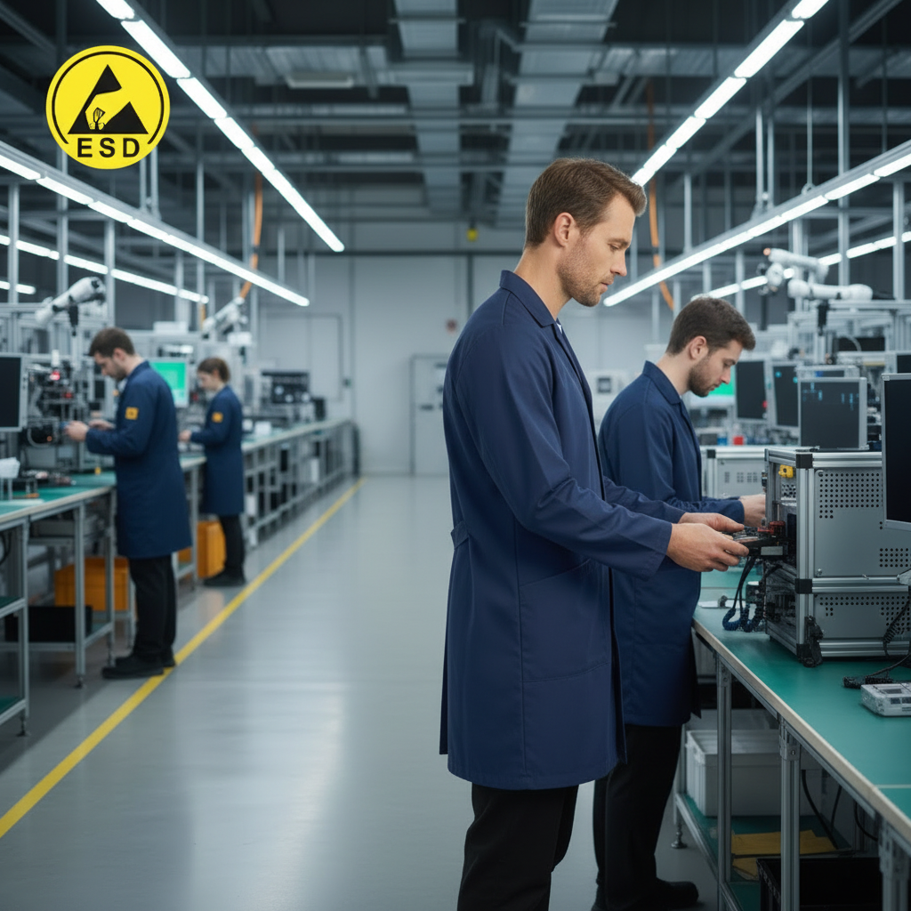 Integrated Three-Quarter Angle Factory Scene - Navy Blue ESD Lab Coat