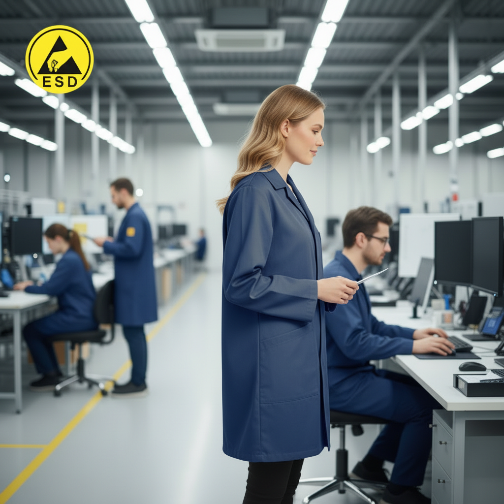 Integrated Three-Quarter Angle Factory Scene - Navy Blue ESD Lab Coat