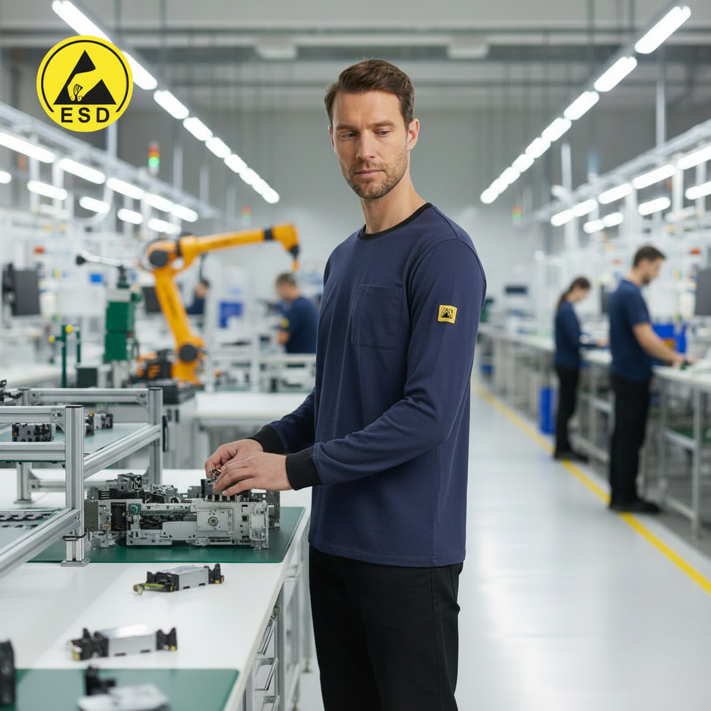 Integrated Three-Quarter Angle Factory Scene - Navy Blue ESD Long Sleeve T-Shirt