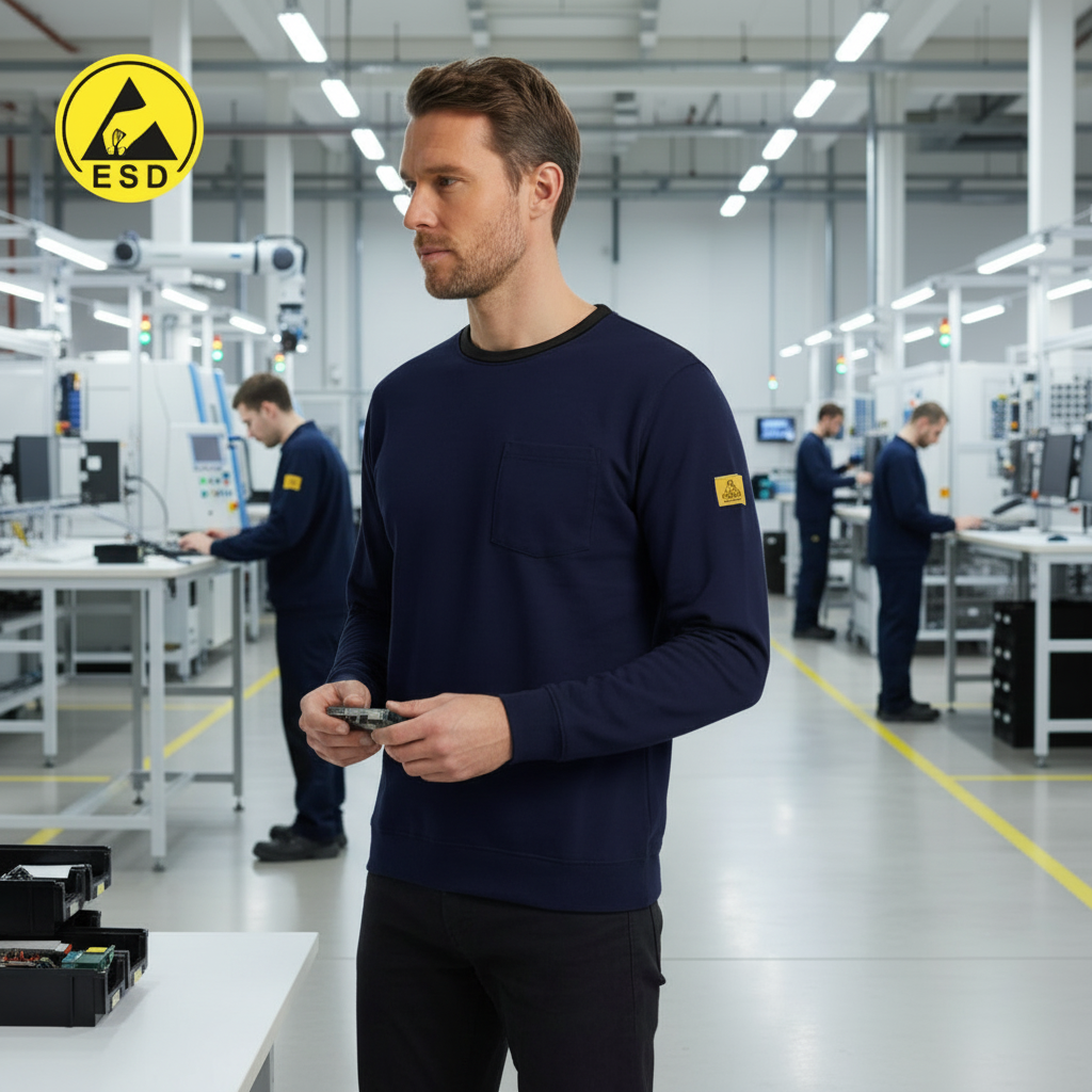 Integrated Three-Quarter Angle Factory Scene - Navy Blue ESD Long Sleeve T-Shirt