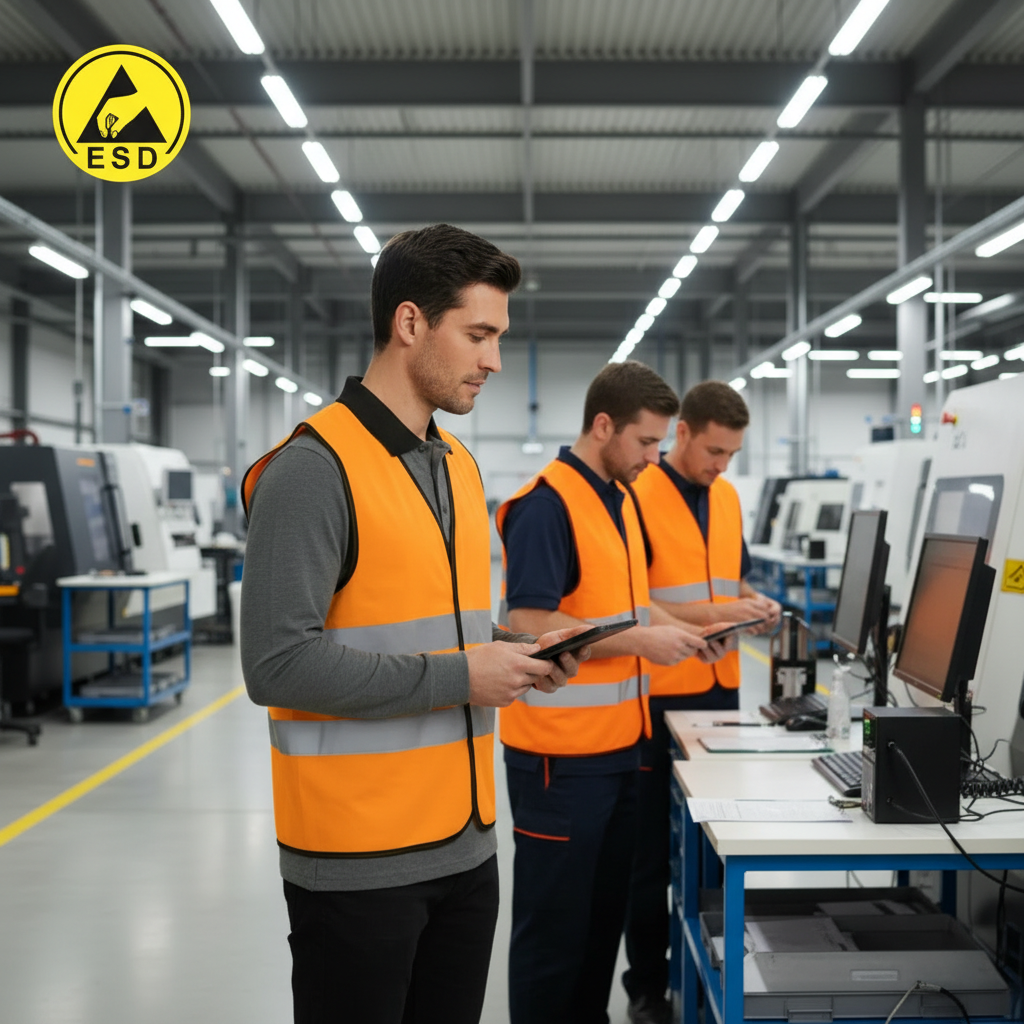 Integrated Three-Quarter Angle Factory Scene - Orange ESD Hi-Vis Vest
