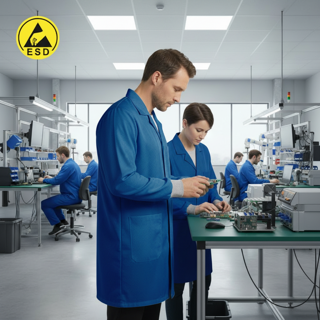 Integrated Three-Quarter Angle Factory Scene - Royal Blue ESD Lab Coat with Cuff