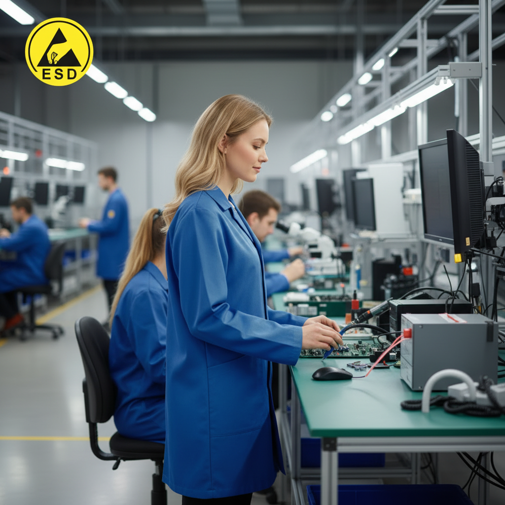 Integrated Three-Quarter Angle Factory Scene - Royal Blue ESD Lab Coat