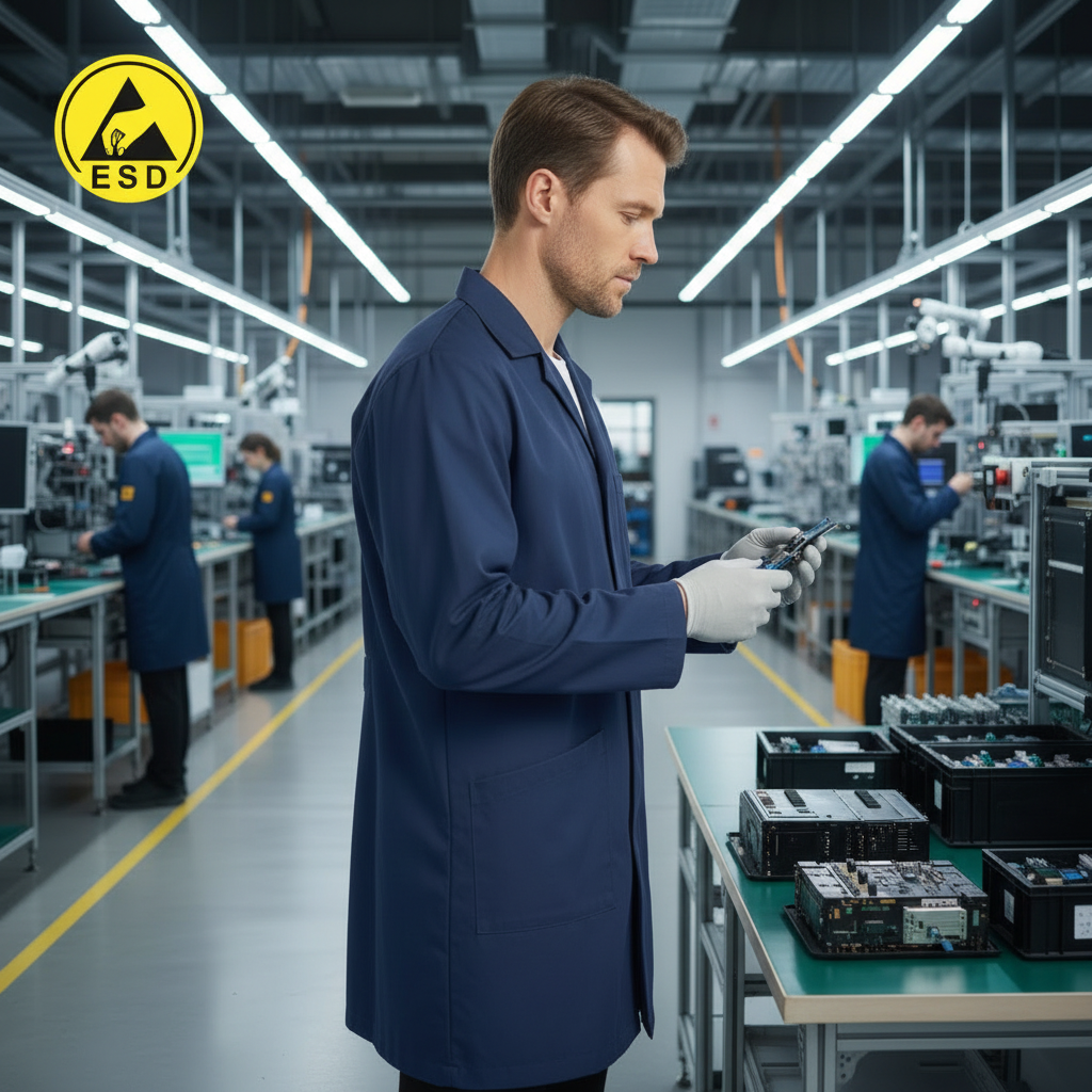 Integrated Three-Quarter Angle Factory Scene - Royal Blue ESD Lab Coat