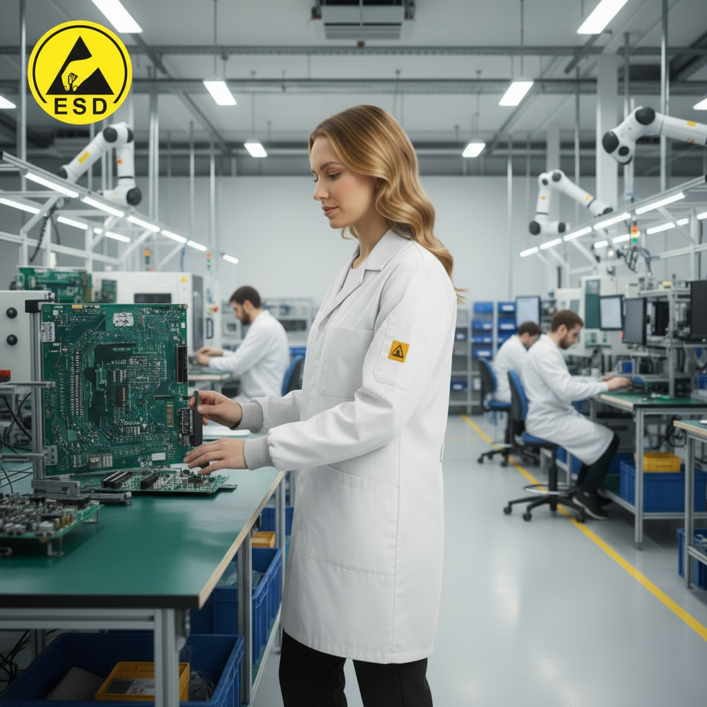 Integrated Three-Quarter Angle Factory Scene - White ESD Lab Coat with Cuff