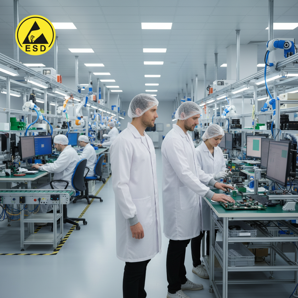 Integrated Three-Quarter Angle Factory Scene - White ESD Lab Coat with Cuff