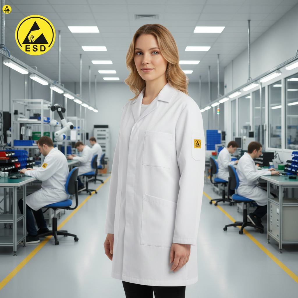 Integrated Three-Quarter Angle Factory Scene - White ESD Lab Coat
