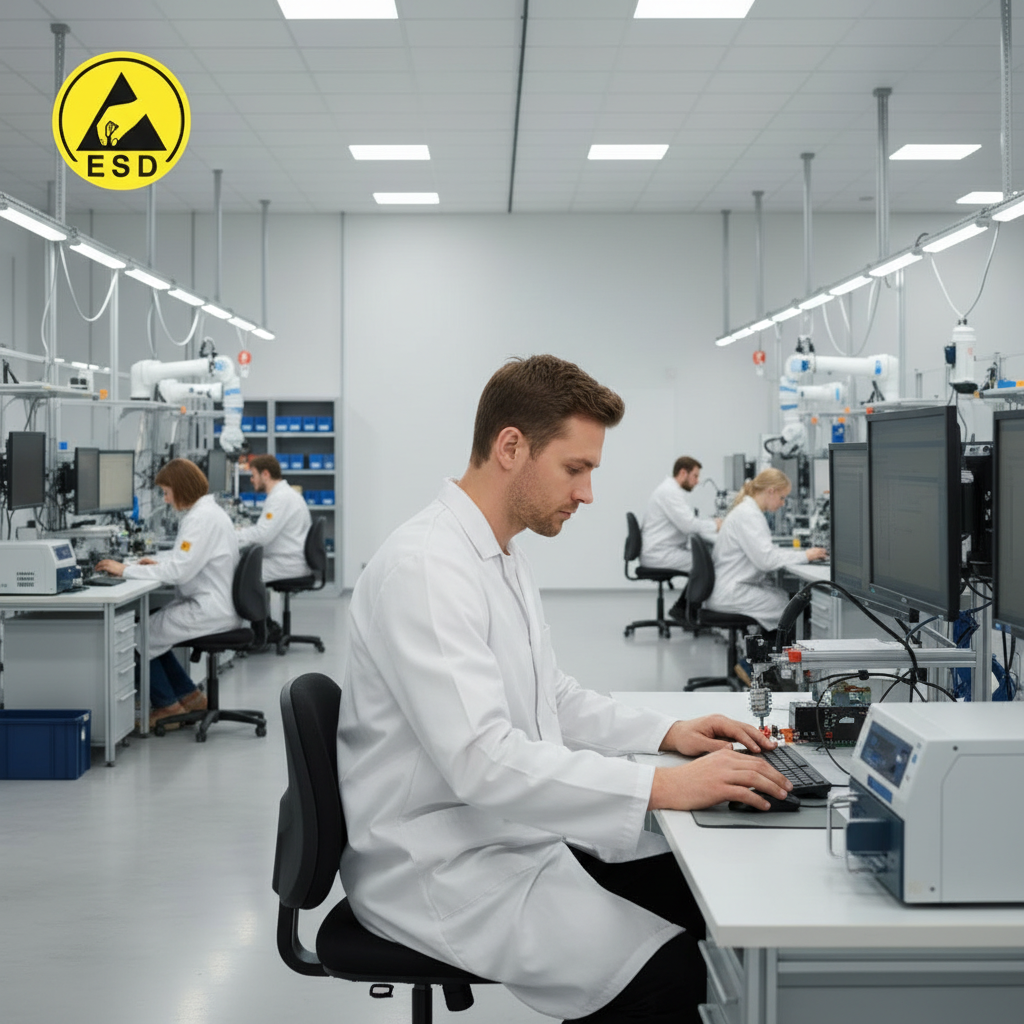 Integrated Three-Quarter Angle Factory Scene - White ESD Lab Coat