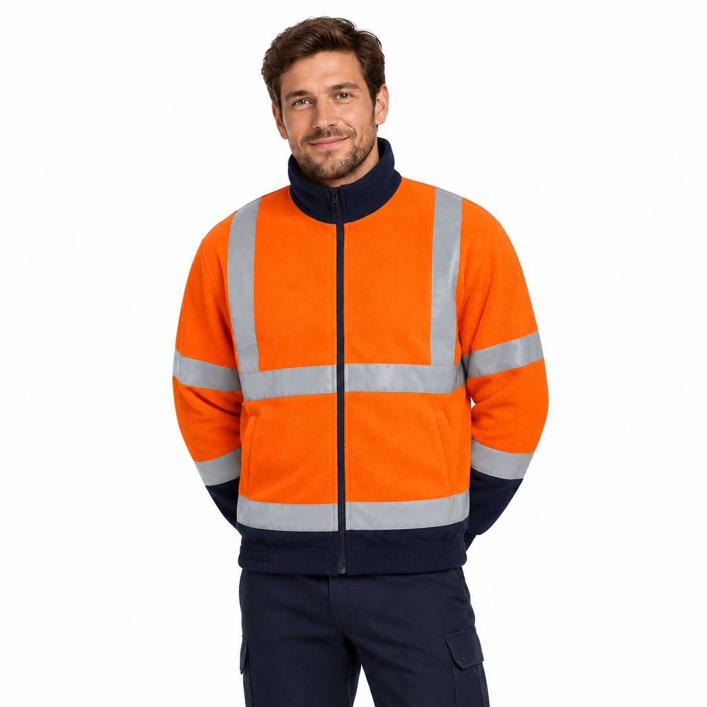 Male model wearing the Orange/Navy Hi-Vis Full Zip Fleece