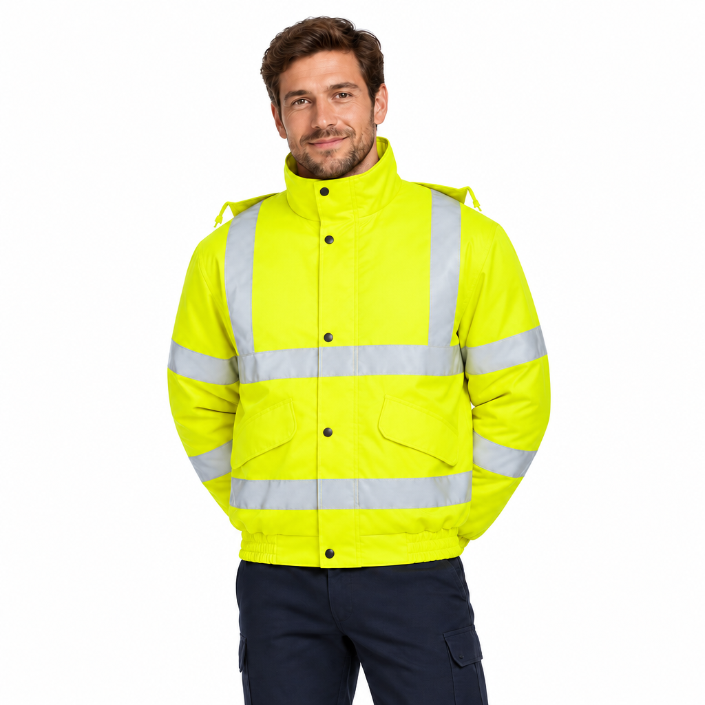 Male model wearing the yellow hi-vis bomber jacket
