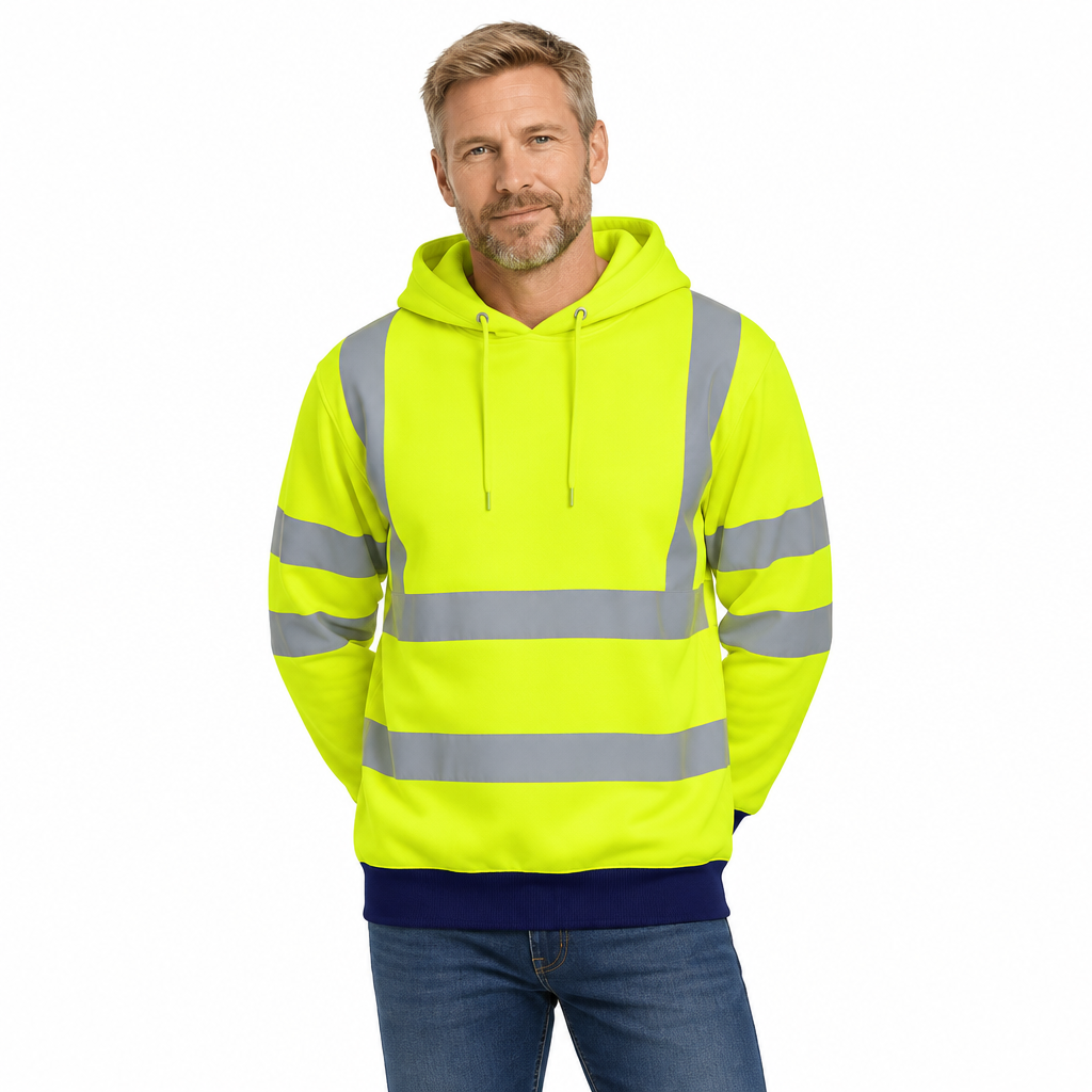 Male model wearing the Yellow/Navy Hi-Vis Hoodie