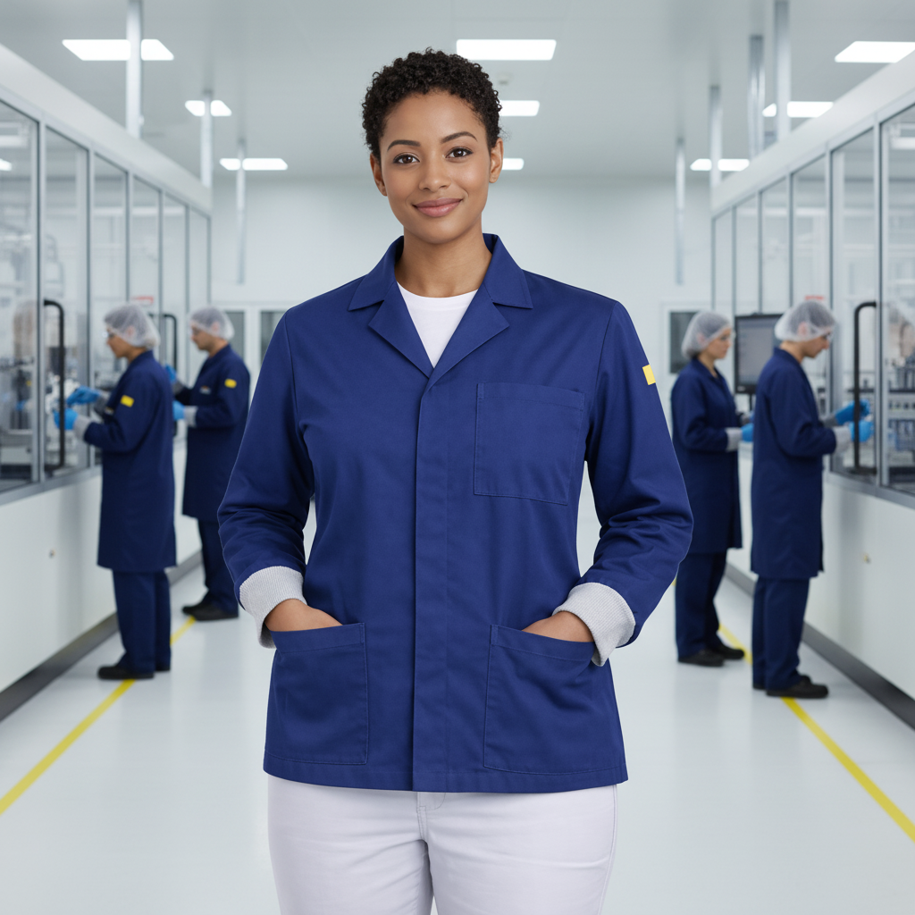Navy Blue ESD Lab Jacket Factory Scene