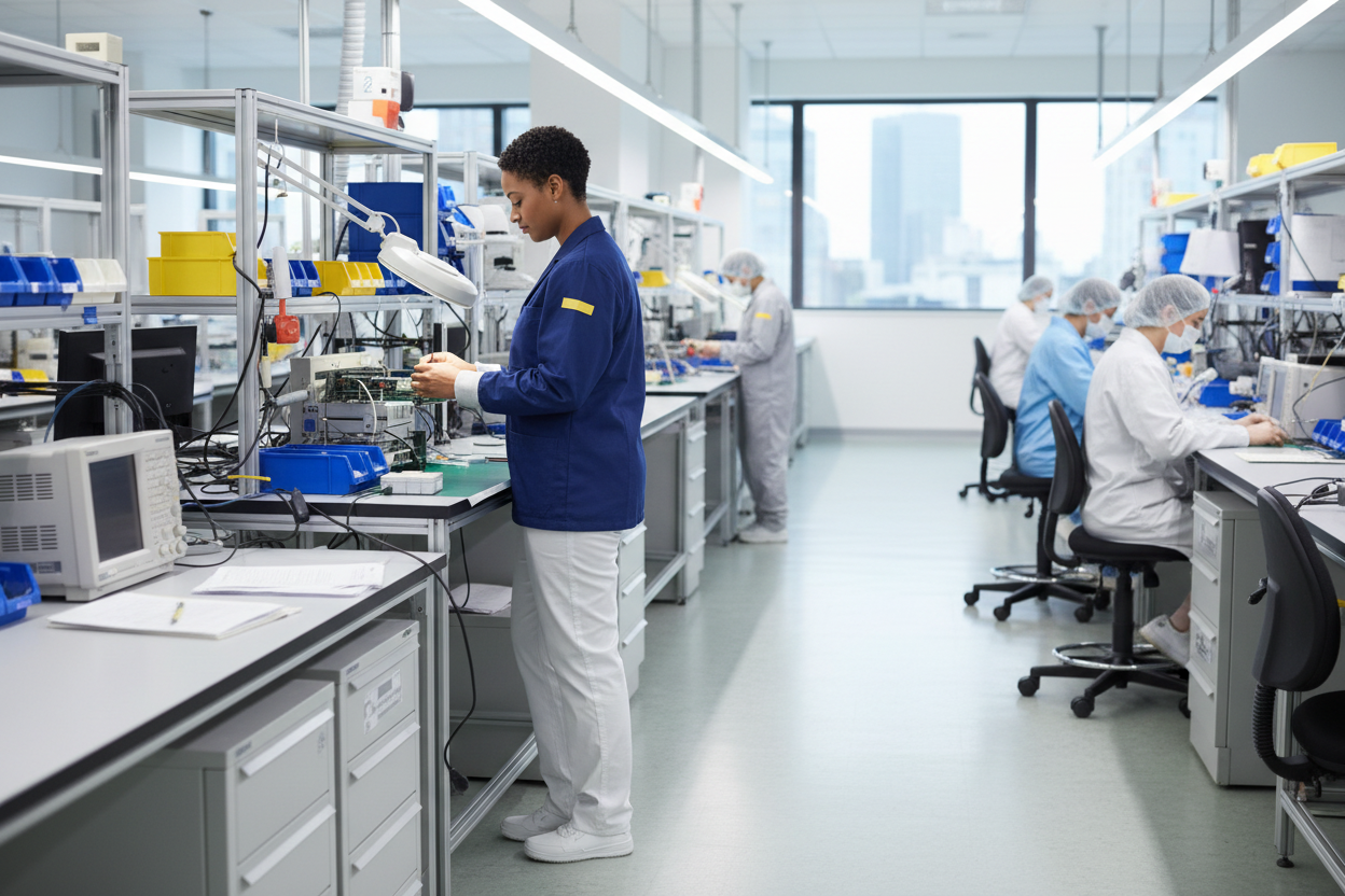 Navy Blue ESD Lab Jacket in Factory Scene