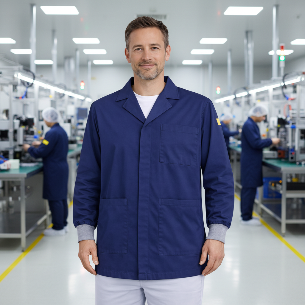 Navy Blue Premium ESD Lab Jacket Factory Scene 1