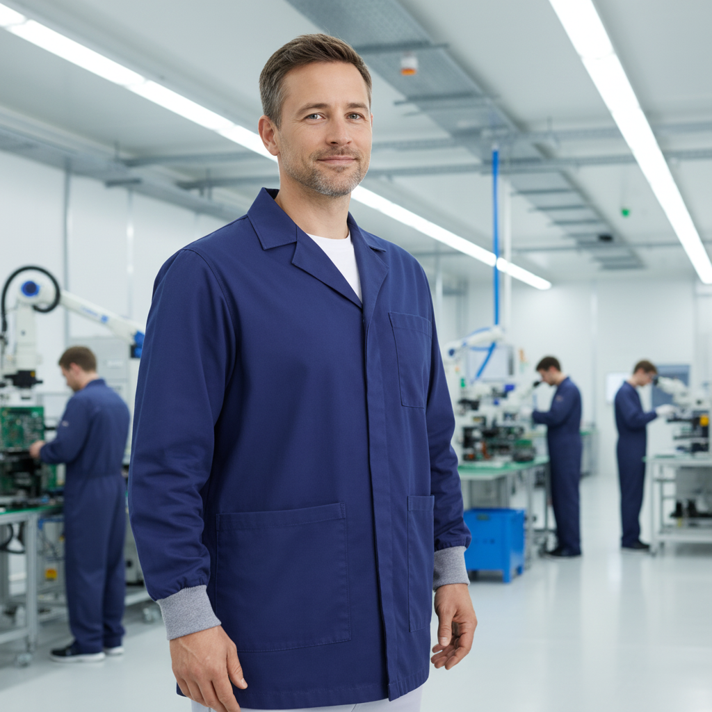 Navy Blue Premium ESD Lab Jacket Factory Scene 2