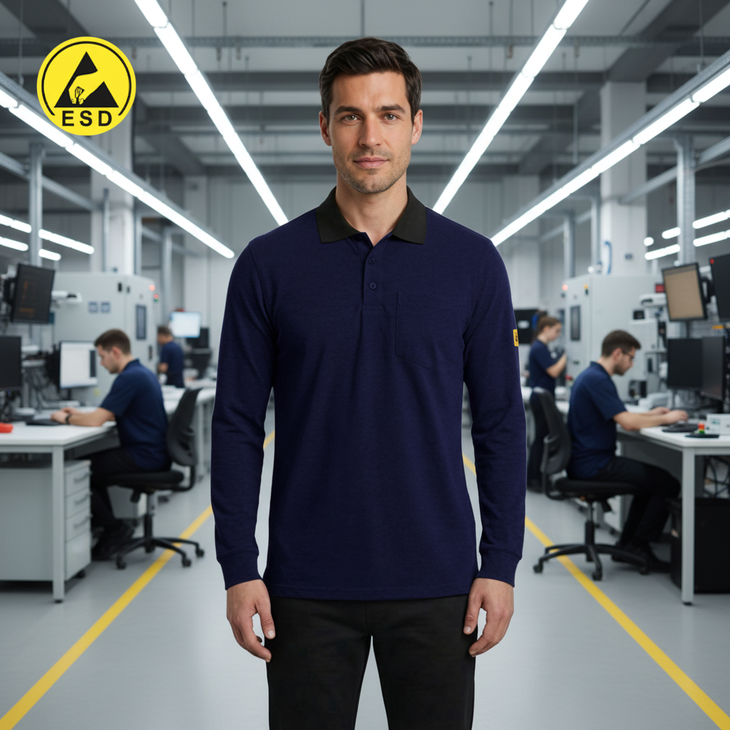 Navy Blue Premium Heavy Duty ESD Polo Shirt Long Sleeve frontal view