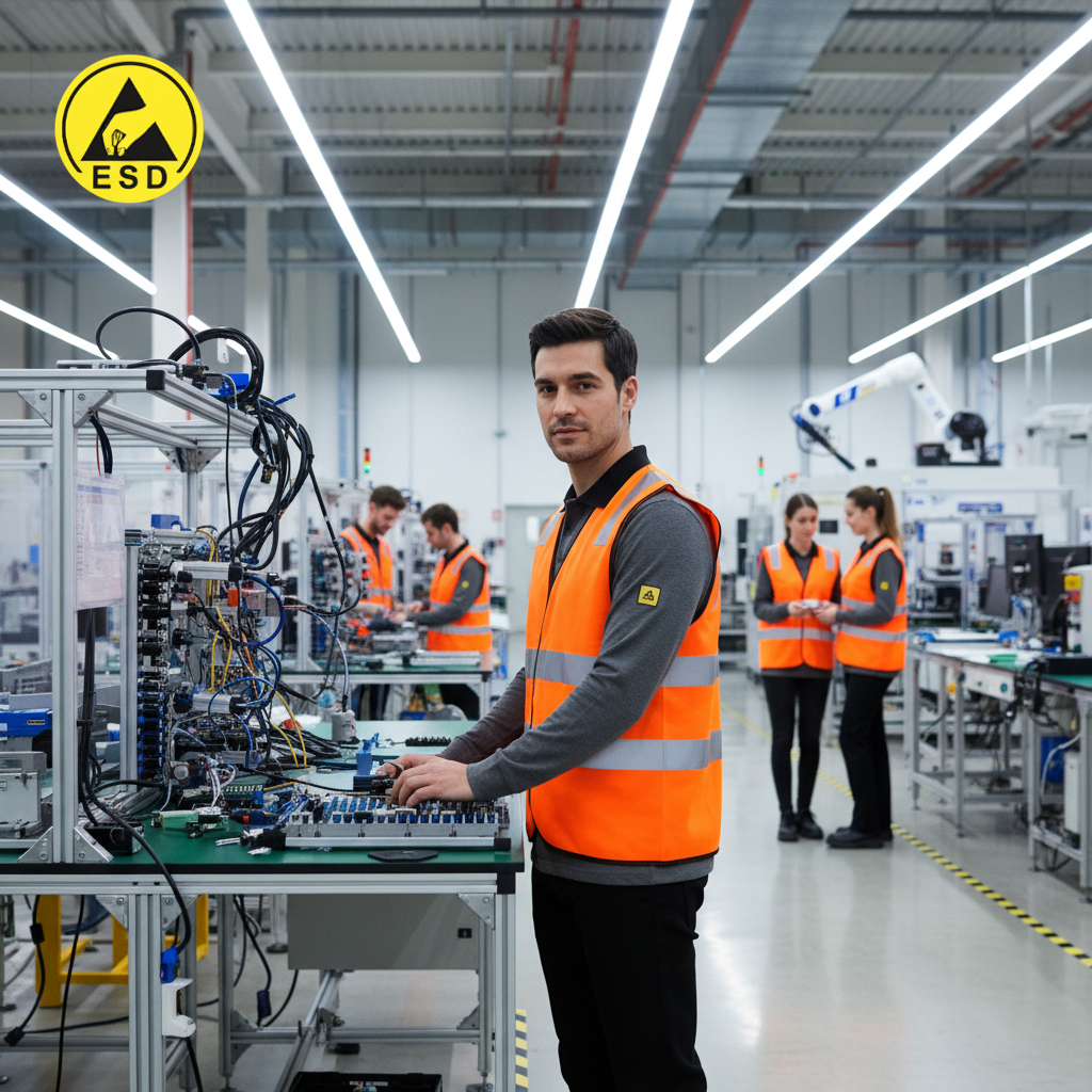 Orange Heavy Duty ESD Hi-Vis Vest integrated scene