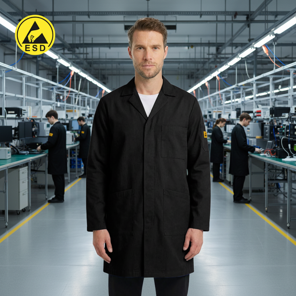 PREMIUM ESD Lab Coat (Black) in Factory Scene - Properly Centered