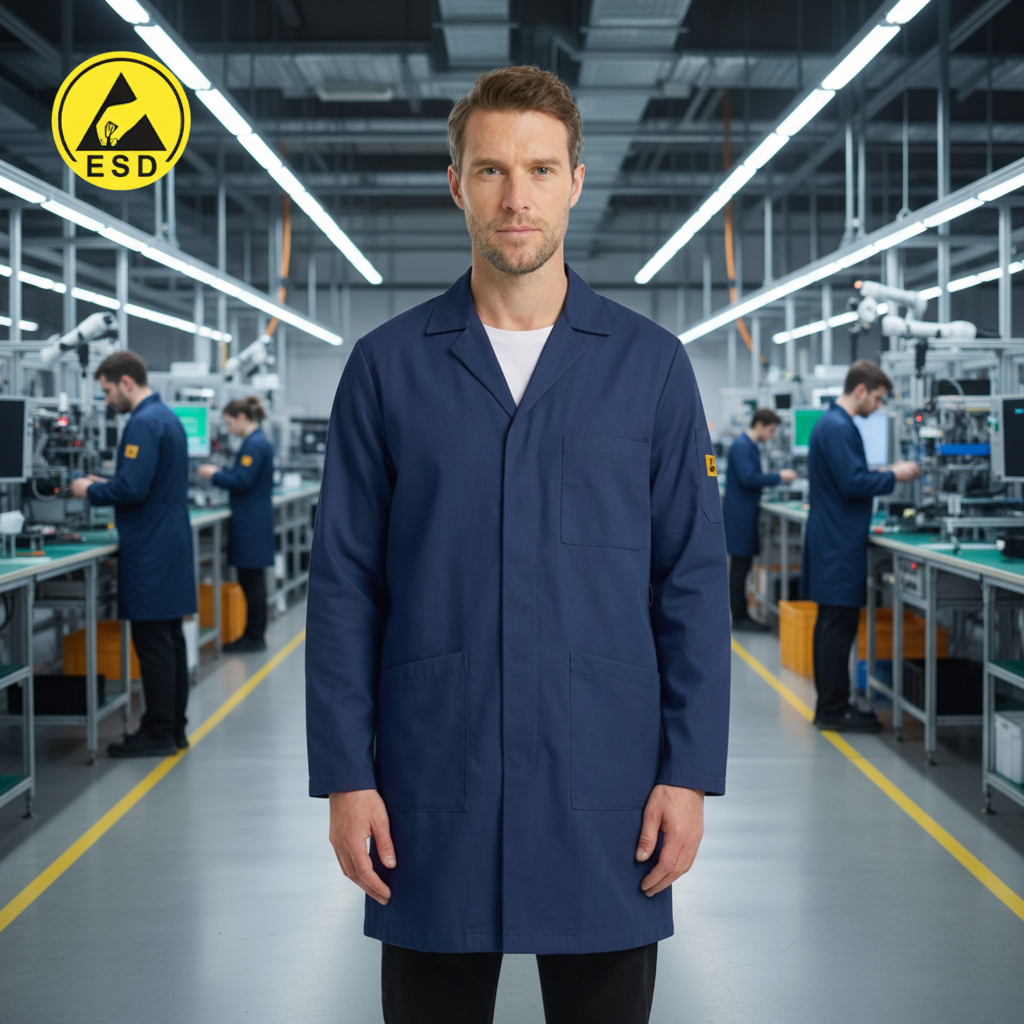 PREMIUM ESD Lab Coat (Navy Blue) in Factory Scene - Centered