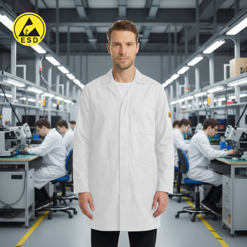 PREMIUM ESD Lab Coat (White) in Factory Scene
